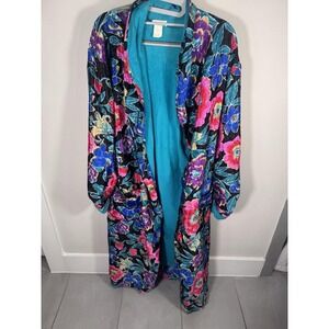 VINTAGE Adonna Floral Robe Terry Cloth Bathrobe Large vibrant Flowers 80s robe